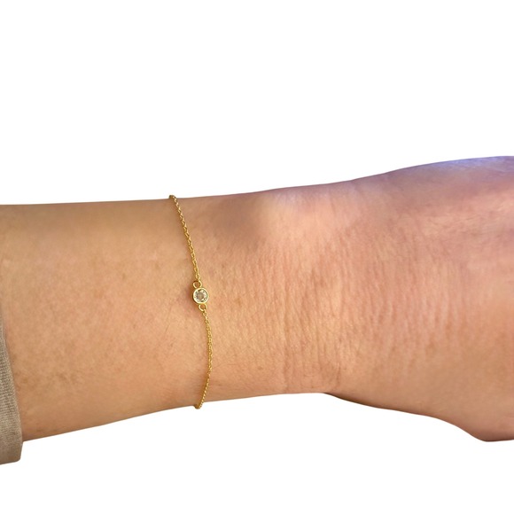 Tiffany Inspired 14k over 925 Silver Solitaire CZ Bracelet Minimalist Dainty - Picture 3 of 5